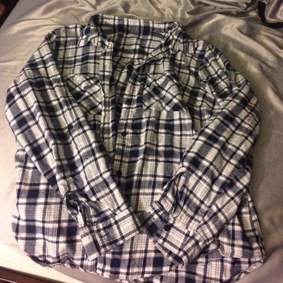 Navy, gray, and white button up flannel.