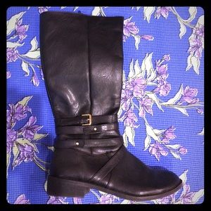 Black faux leather tall boots