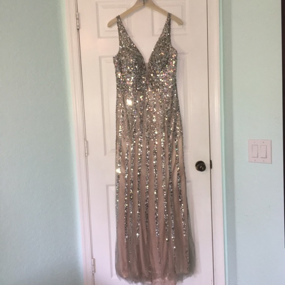2022 Dave & Johnny Sequin gown sheer style # 8157 prom nude - Picture 2 of 4
