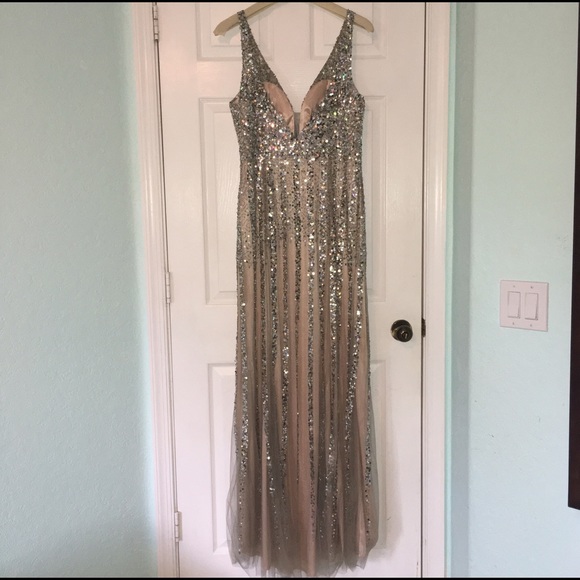 2022 Dave & Johnny Sequin gown sheer style # 8157 prom nude - Picture 3 of 4