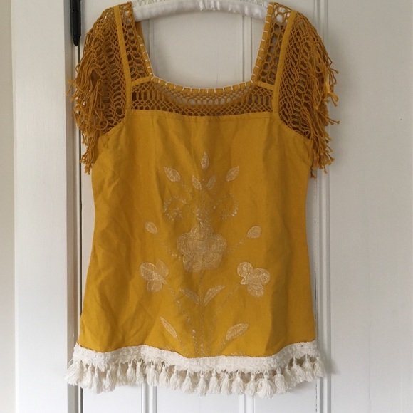 Free People Embroidered Fringe Linen Top Size 12
