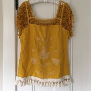 Free People Embroidered Fringe Linen Top Size 12