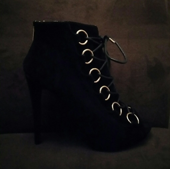 Black suede high heel lace up booties