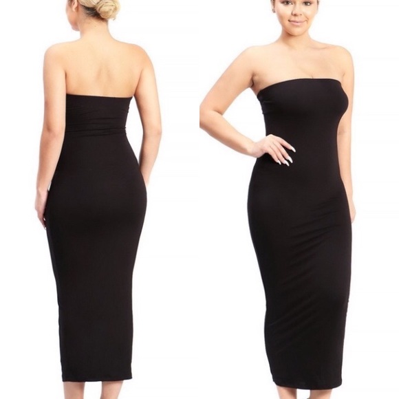 Plus Size Black Stretchy Strapless Midi Dress - Picture 1 of 4