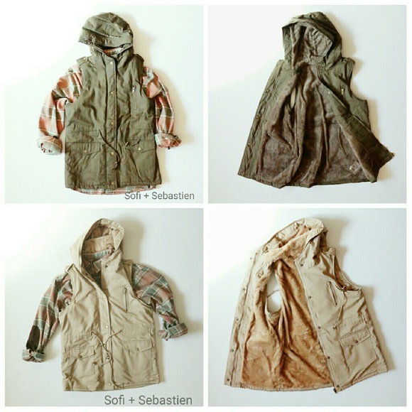 Shearling fur lined hooded vest black olive khaki - Picture 2 of 4