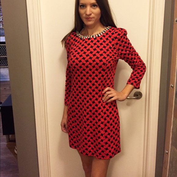 Red navy print long sleeve dress w/necklace - Picture 4 of 4