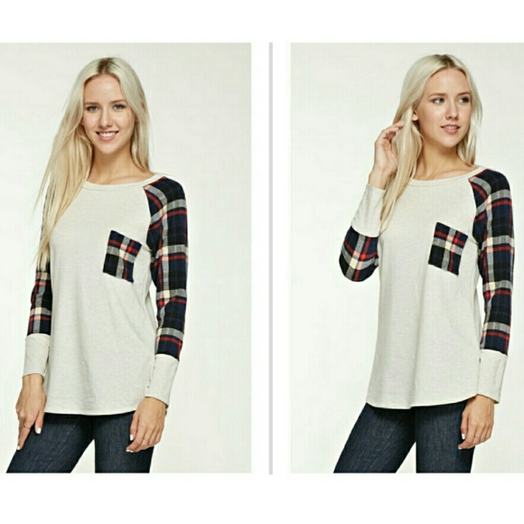 LAST MEDIUM LEFT Navy Plaid Contrast Raglan - Picture 2 of 4
