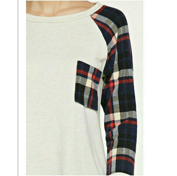 LAST MEDIUM LEFT Navy Plaid Contrast Raglan - Picture 3 of 4