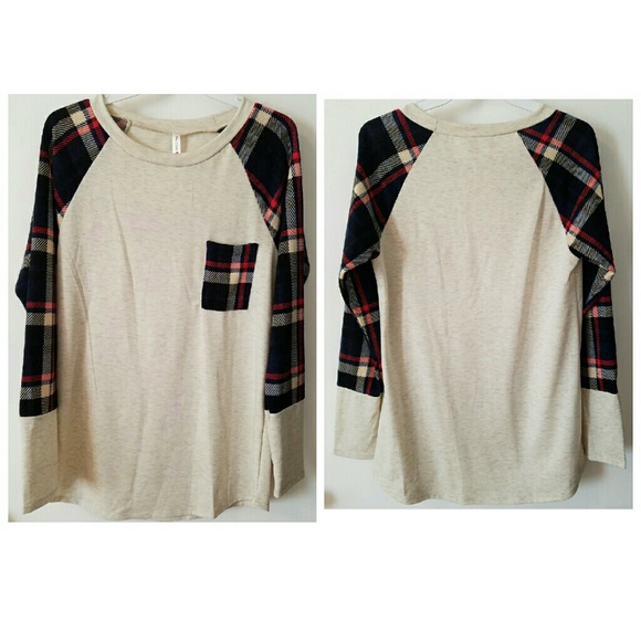 LAST MEDIUM LEFT Navy Plaid Contrast Raglan - Picture 4 of 4