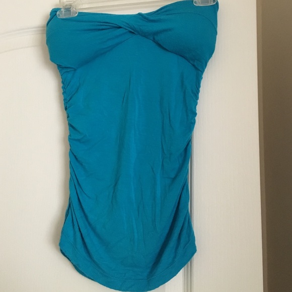 Bright blue strapless tank with cups built in