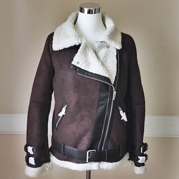 NWT! Brown faux suede shearling Moto jacket