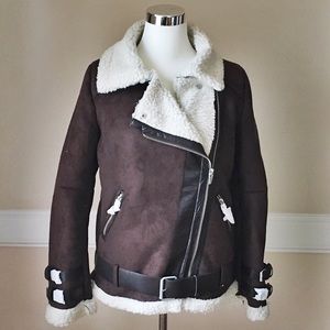NWT! Brown faux suede shearling Moto jacket