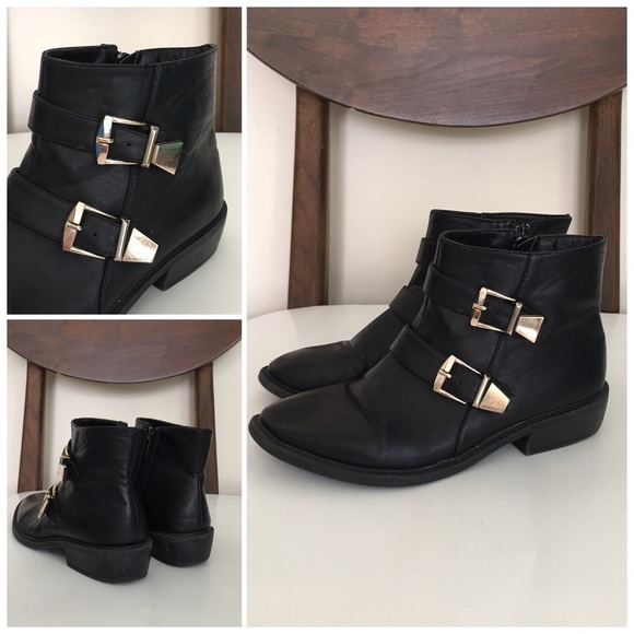 Black low booties with silver buckle size 8