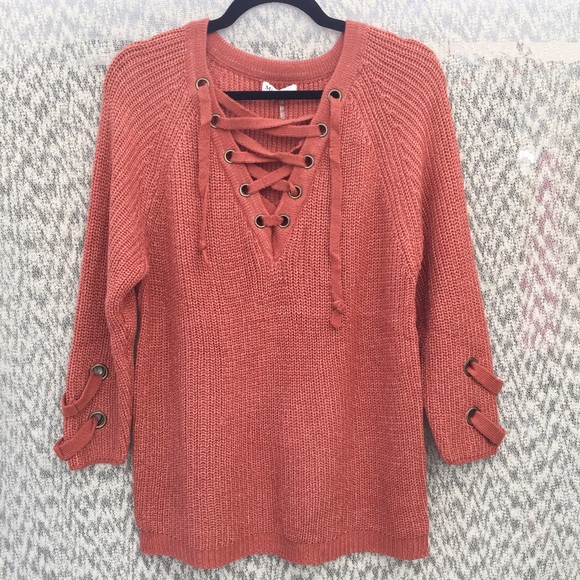 BRICK COLOR LACE UP KNIT LONG TUNIC SWEATER
