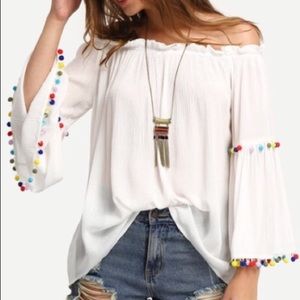 Off the shoulder white multi colored Pom Pom Top