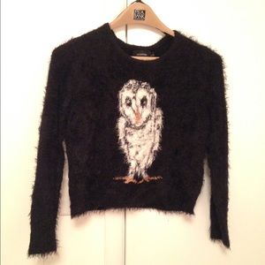 Mink Pink Fuzzy Cropped Owl Sweater Sz Large