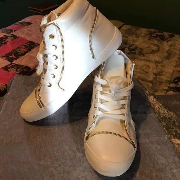 White, zipper trimmed, high top sneaker booties - Picture 2 of 4