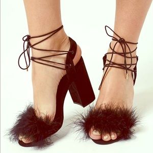 Topshop Black Marabou Feather Lace-up Sandal 6.5