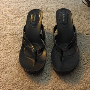 Style & Co black snake print heeled flip flops
