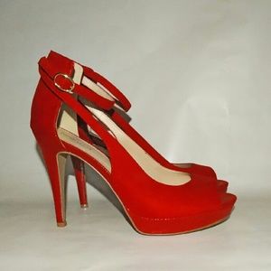 Nine West Red Suede Peeptoe Pumps Heels w/ Straps