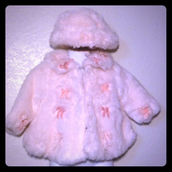 KATE MACK Girls Fluffy Jacket Pink with bows Hat