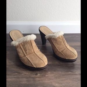 Coach Women's Suede Leather Camel Mules Aubrey