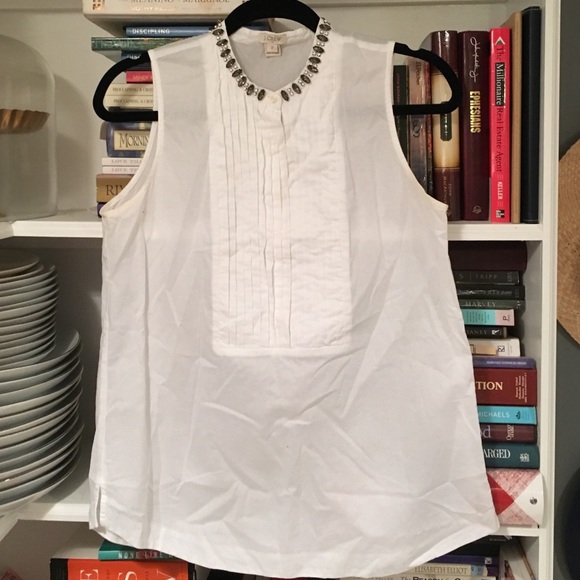 White Jcrew blouse with jewel neck detail