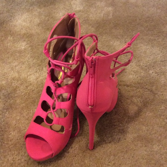 Hot pink lace up heeled sandal