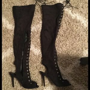 Thigh high open toe lace up boots