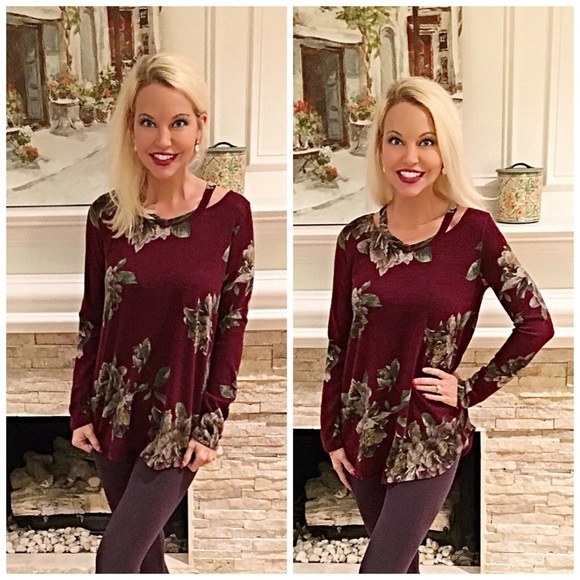 Burgundy floral tunic top cut out- brushed fabric! - Picture 2 of 2