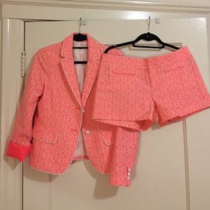 geo patterned bright pink blazer and short set