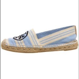 Tory Burch blue and navy striped espadrilles