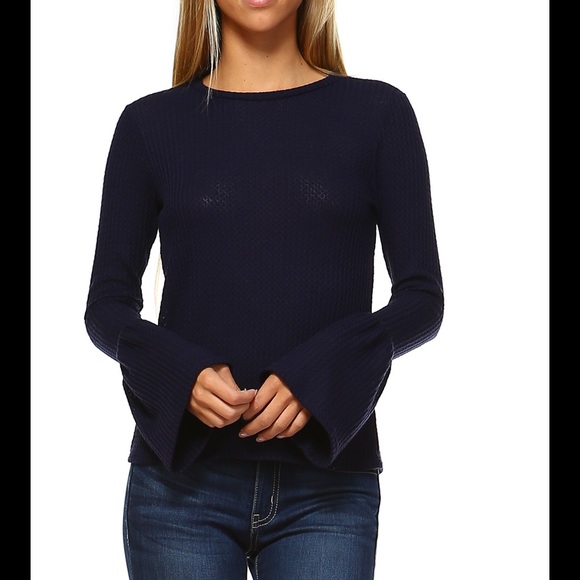 Last 1🎉Navy Blue Waffle Knit Long Bell Sleeve Top - Picture 2 of 4