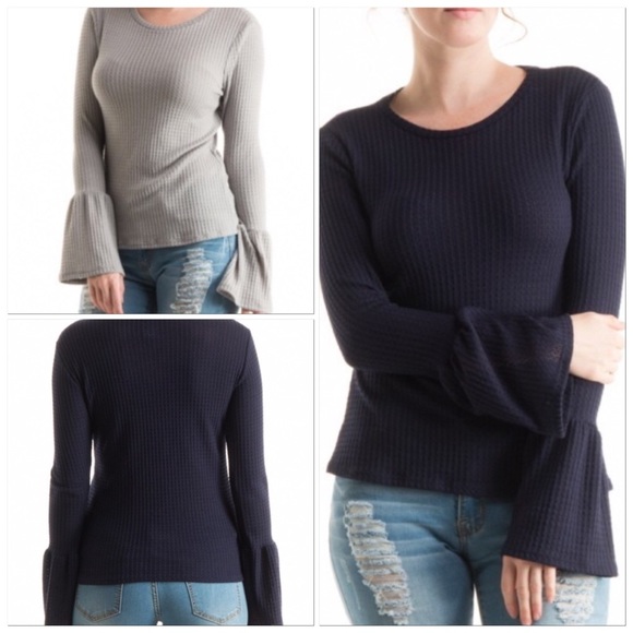 Last 1🎉Navy Blue Waffle Knit Long Bell Sleeve Top - Picture 4 of 4