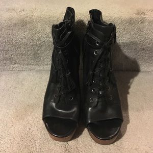 Wood nailhead black leather peep toe ankle boots