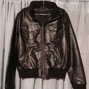 Black leather bomber jacket