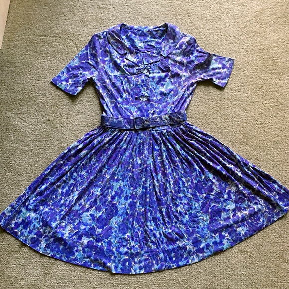 1950s Impressionist Inspired Floral Print Dress