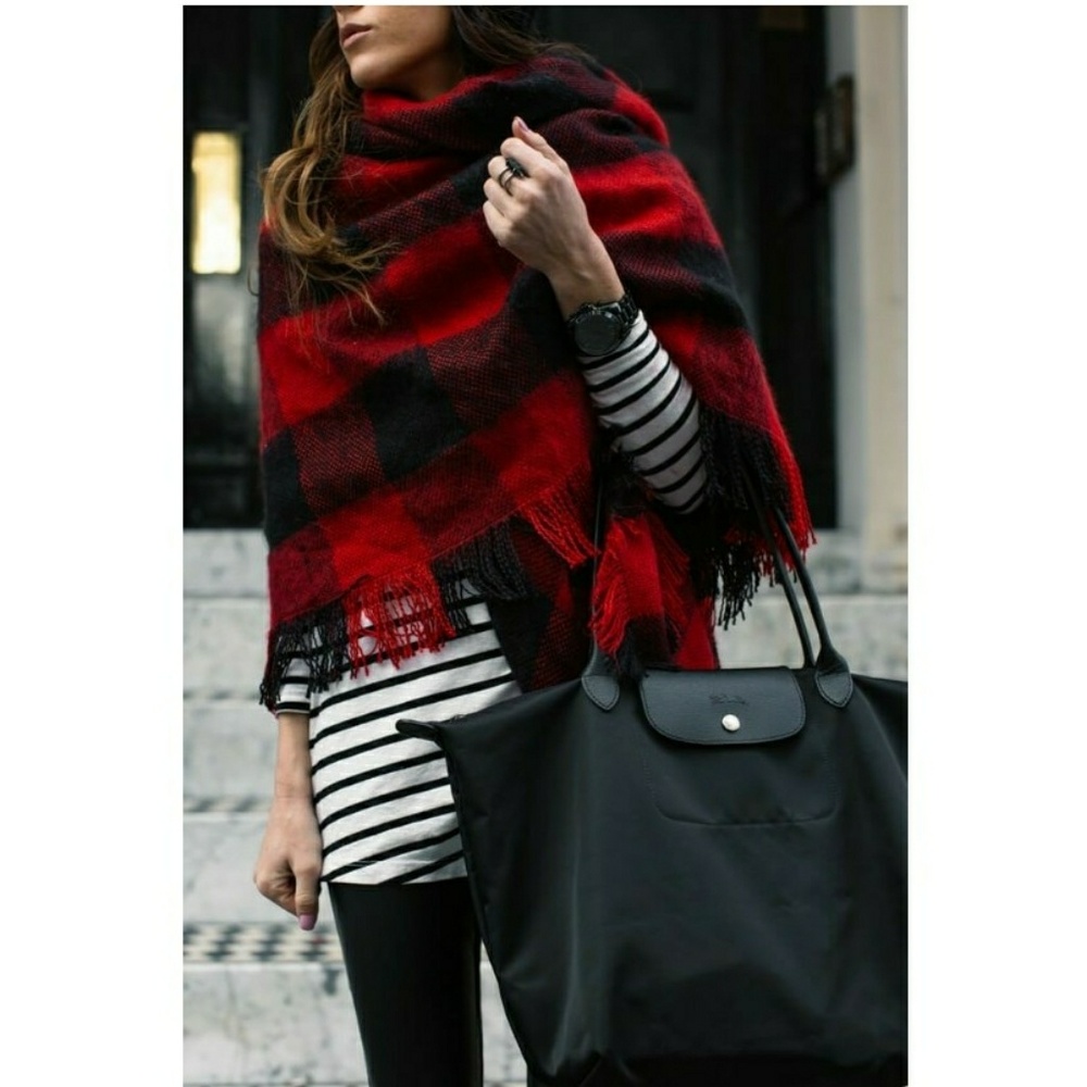 ⭐Luxe Oversized Plaid Blanket Wrap Scarf Red/Navy