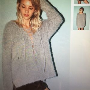 Fuzzy gray lace up sweater