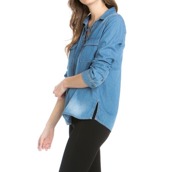 Lace Up Front Chambray Top - Picture 3 of 3