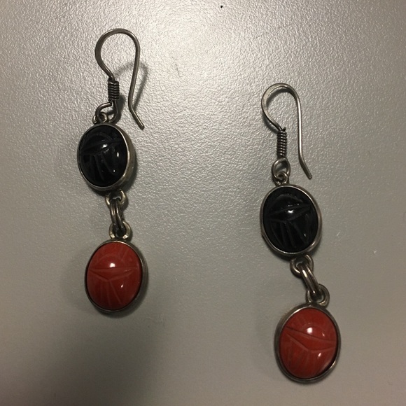 Vintage Sterling black onyx/orange stone earrings