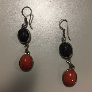 Vintage Sterling black onyx/orange stone earrings