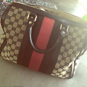 Pre-loved Gucci Boston Bag in blue canvas