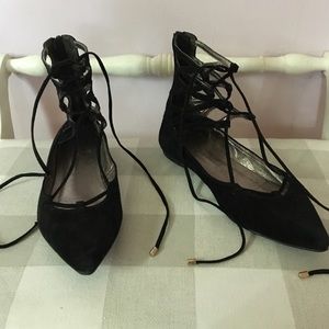 Suede lace up pointy ballet flats