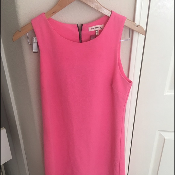 pink boat neck dress with back zipper enclosure