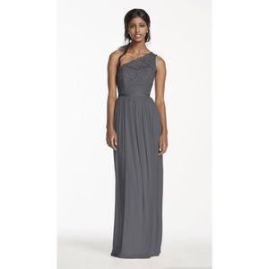Long One Shoulder Lace Bridesmaid Dress in Pewter