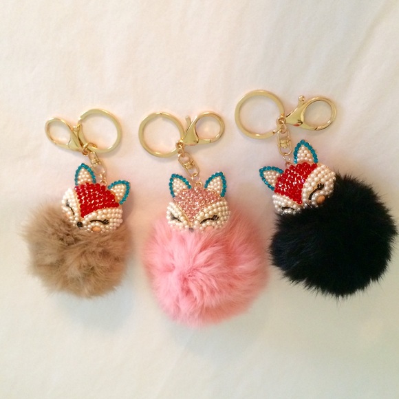 Fox Head Fur Ball Bag Charm w Pearl & Rhinestones - Picture 2 of 4