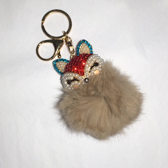 Fox Head Fur Ball Bag Charm w Pearl & Rhinestones - Picture 3 of 4