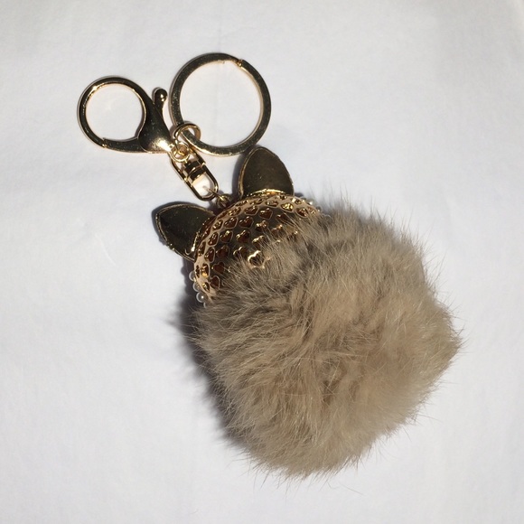 Fox Head Fur Ball Bag Charm w Pearl & Rhinestones - Picture 4 of 4