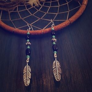 Black Agate & Turquoise Silver Feather Earrings